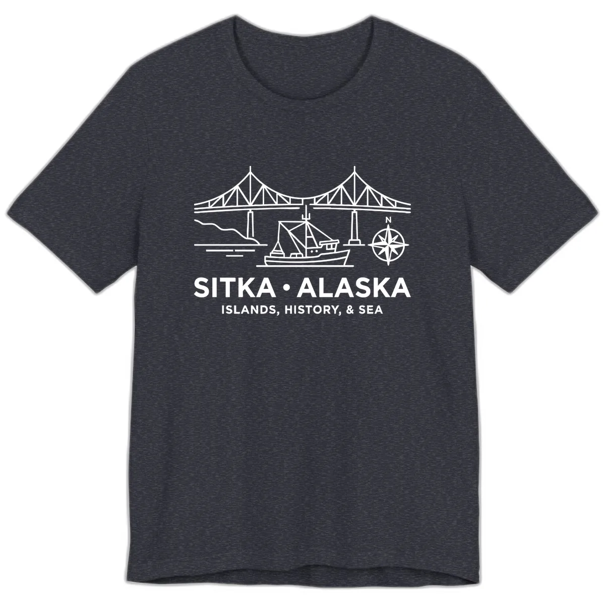 Sitka Alaska Bridge Boat Compass Rose Illustration Premium T-Shirt in Heather Navy