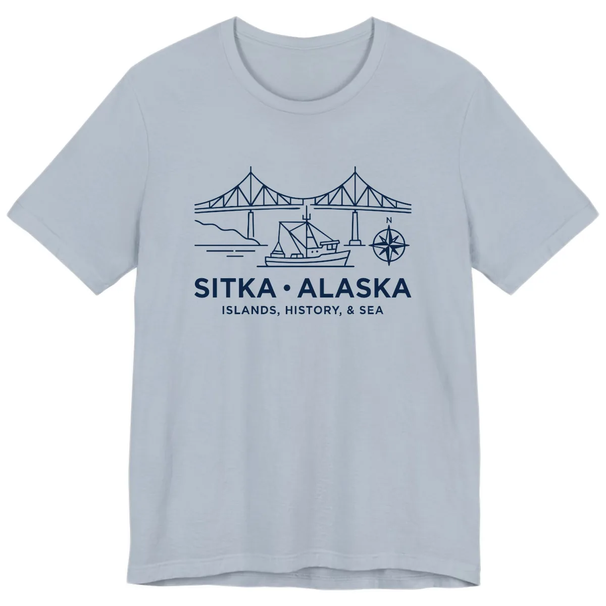 Sitka Alaska Bridge Boat Compass Rose Illustration Premium T-Shirt in Light Blue