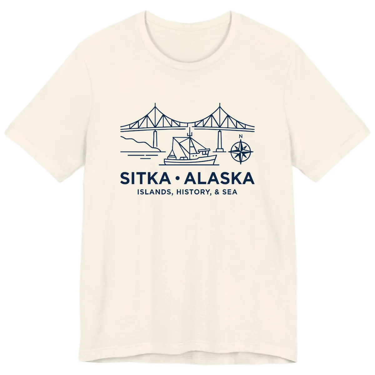 Sitka Alaska Bridge Boat Compass Rose Illustration Premium T-Shirt in Natural