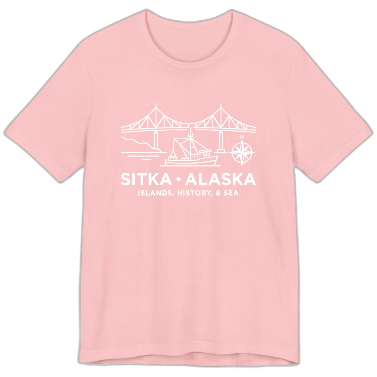 Sitka Alaska Bridge Boat Compass Rose Illustration Premium T-Shirt in Pink