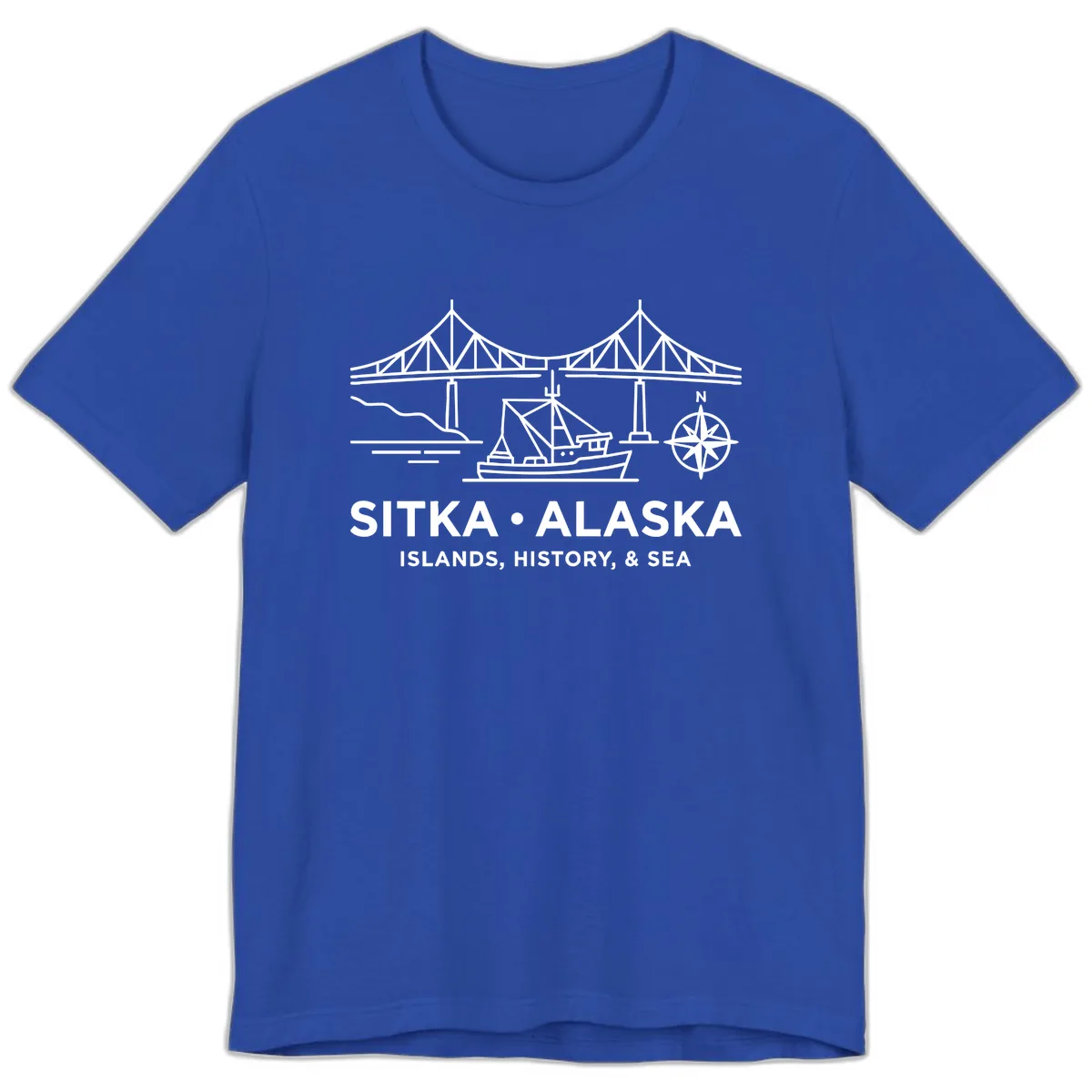 Sitka Alaska Bridge Boat Compass Rose Illustration Premium T-Shirt in True Royal