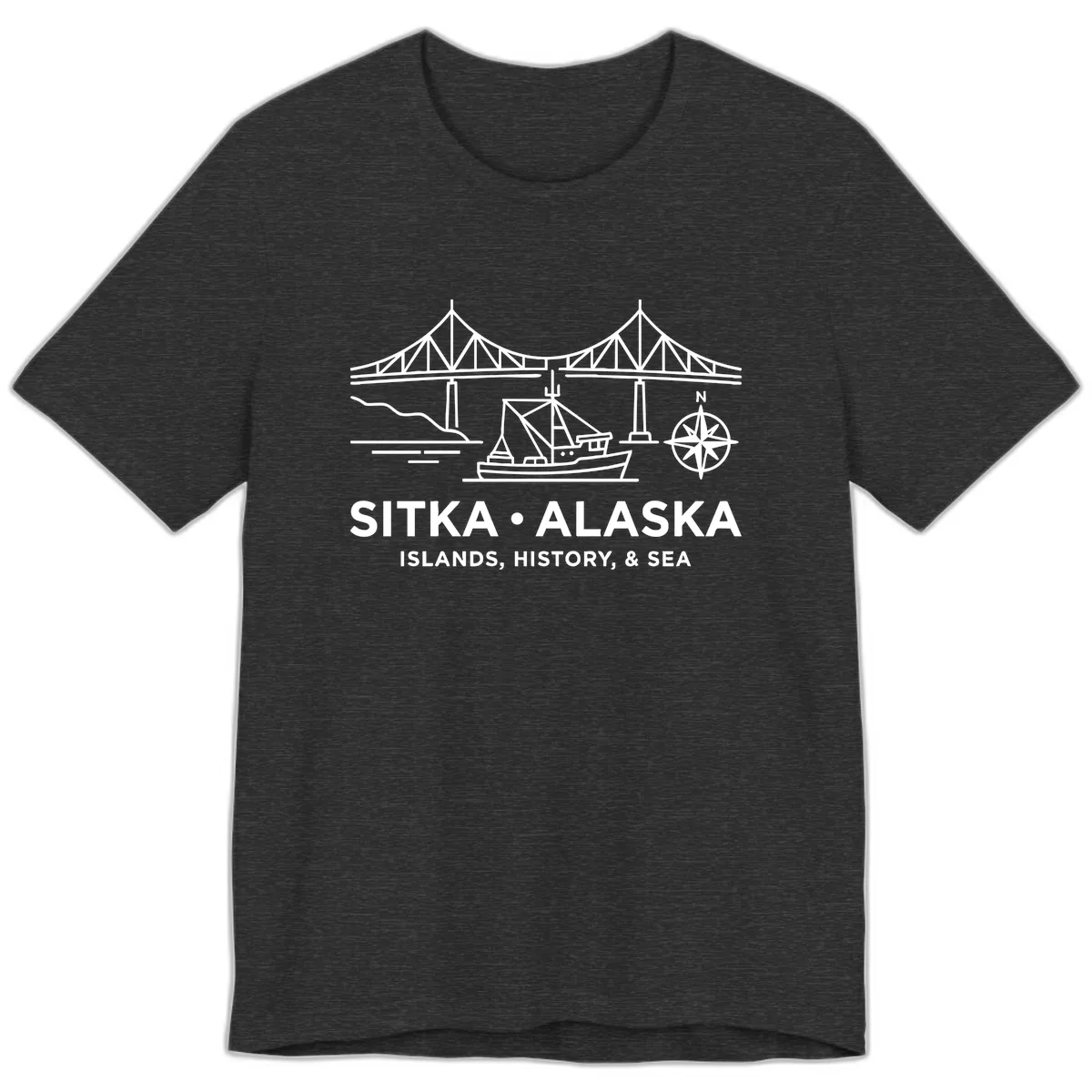 Sitka Alaska Bridge Boat Compass Rose Illustration Premium T-Shirt in Dark Grey Heather