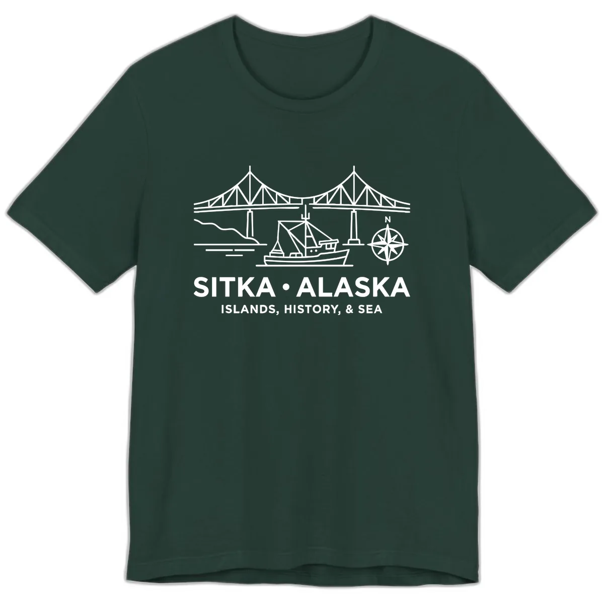 Sitka Alaska Bridge Boat Compass Rose Illustration Premium T-Shirt in Forest