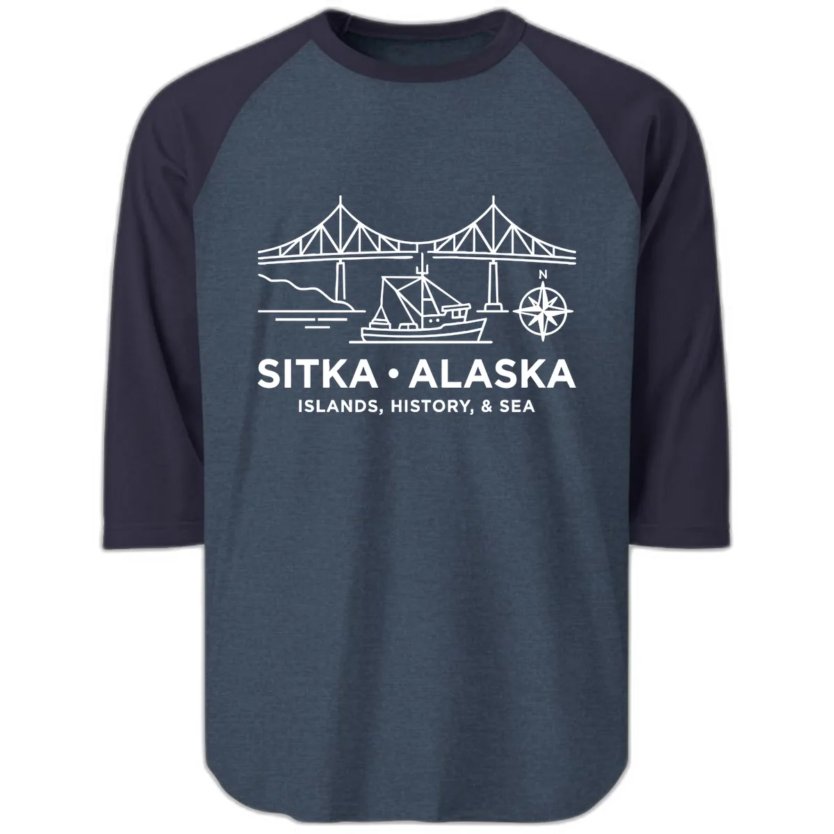Sitka Alaska Bridge Boat Compass Rose Illustration Raglan 3/4 in Heather Denim Navy