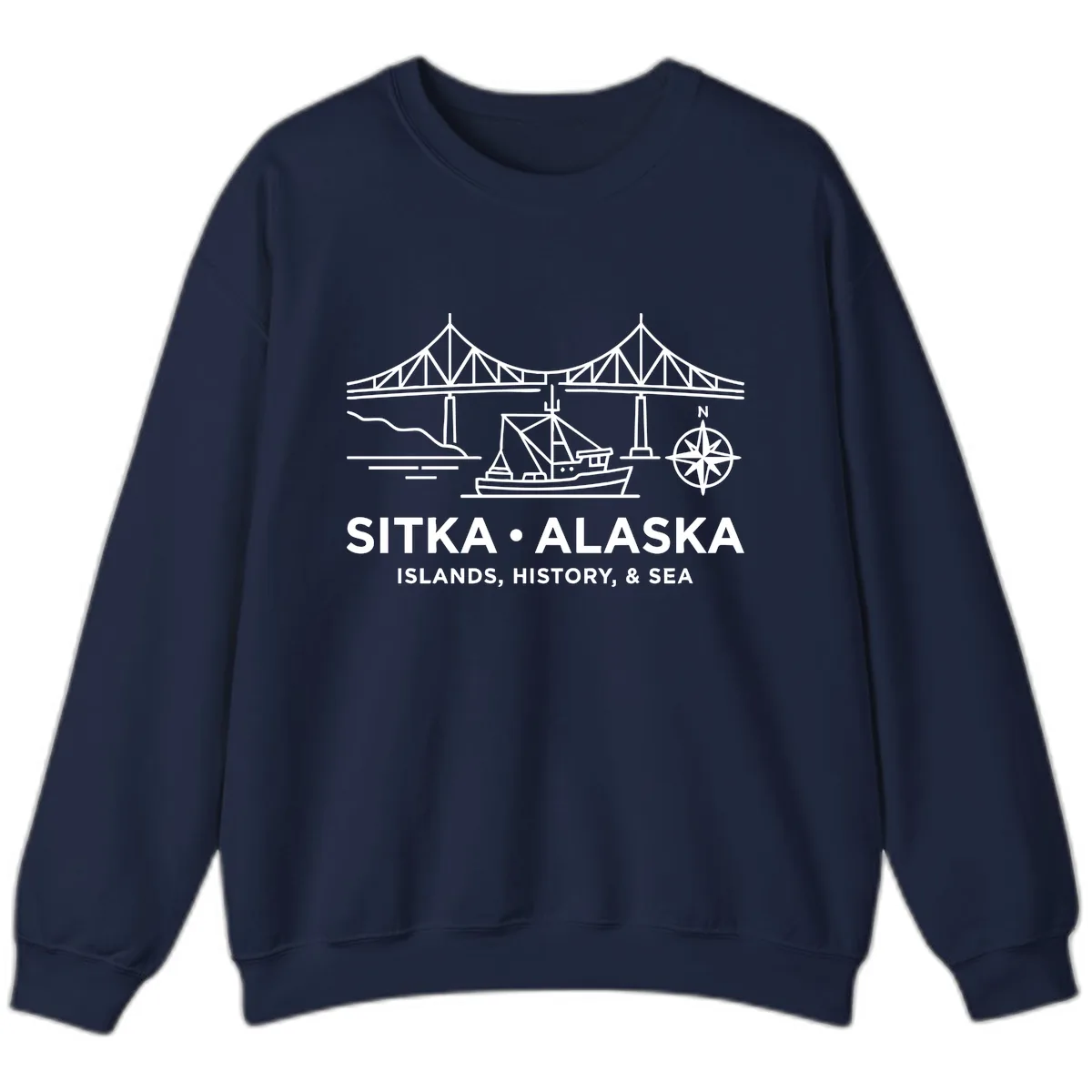 Sitka Alaska Bridge Boat Compass Rose Illustration Sweatshirt in Navy