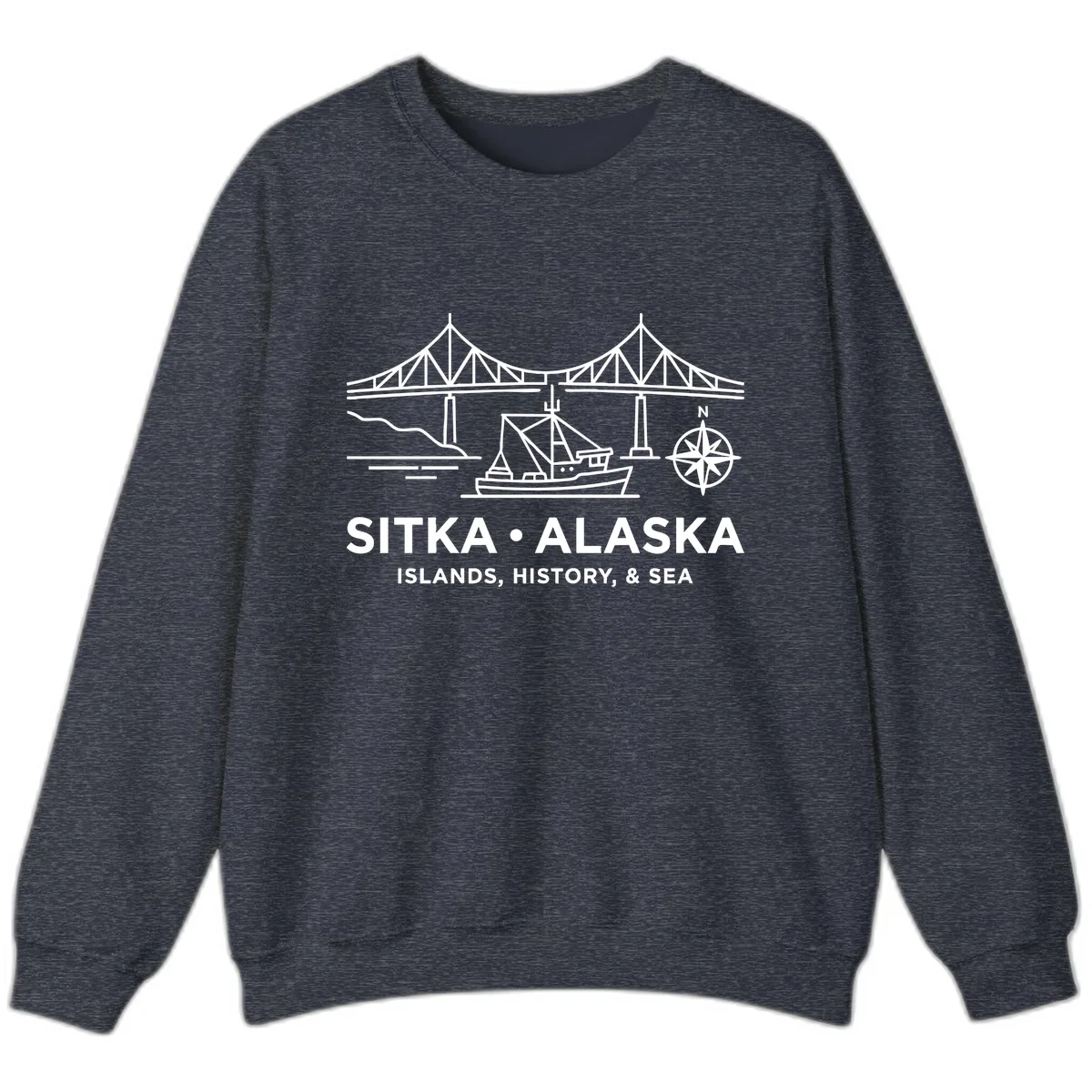 Sitka Alaska Bridge Boat Compass Rose Illustration Sweatshirt in Heather Sport Dark Navy