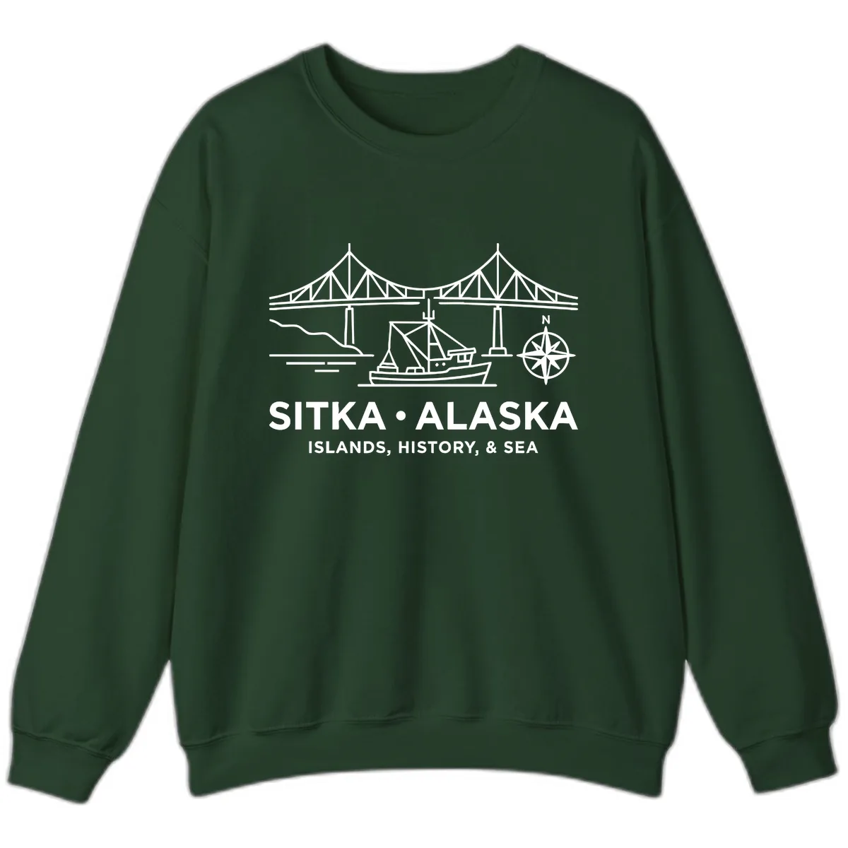 Sitka Alaska Bridge Boat Compass Rose Illustration Sweatshirt in Forest Green