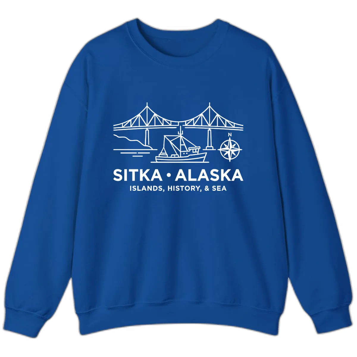 Sitka Alaska Bridge Boat Compass Rose Illustration Sweatshirt in Royal