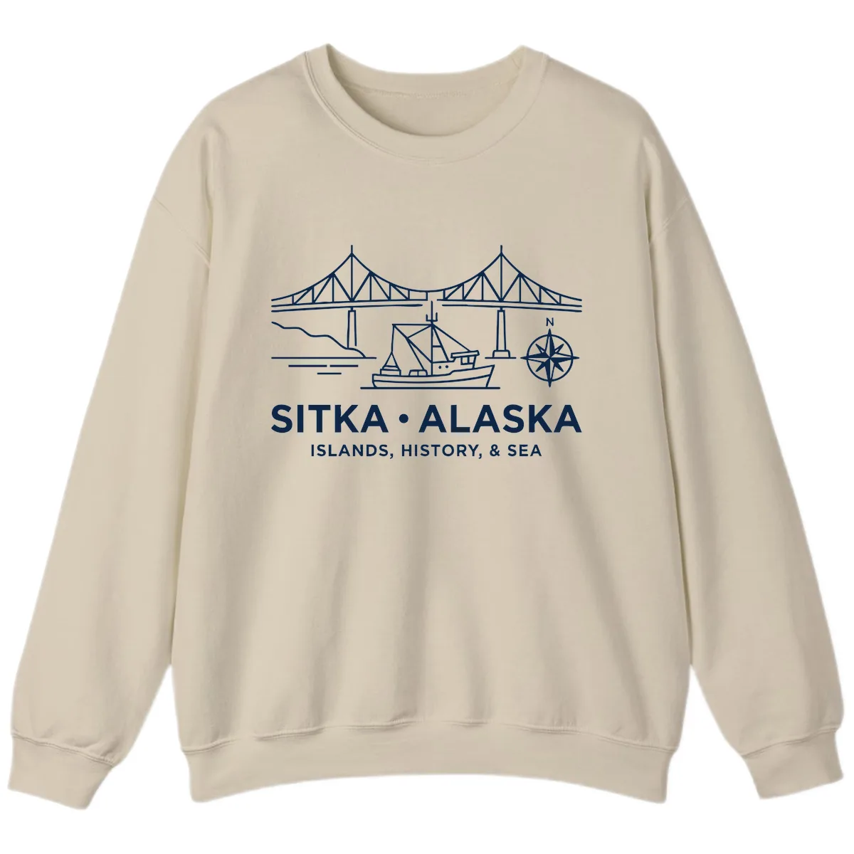 Sitka Alaska Bridge Boat Compass Rose Illustration Sweatshirt in Sand