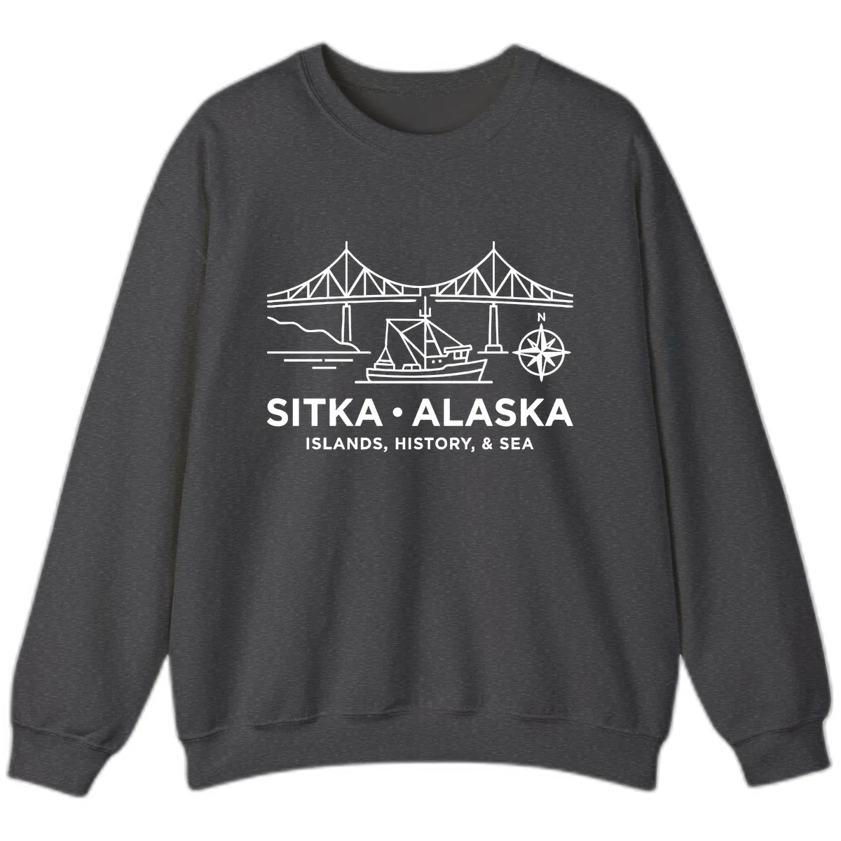 Sitka Alaska Bridge Boat Compass Rose Illustration Sweatshirt in Dark Heather