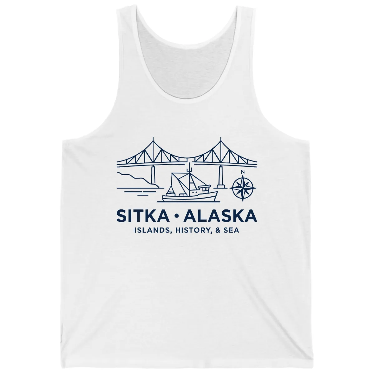 Sitka Alaska Bridge Boat Compass Rose Illustration Tank in White