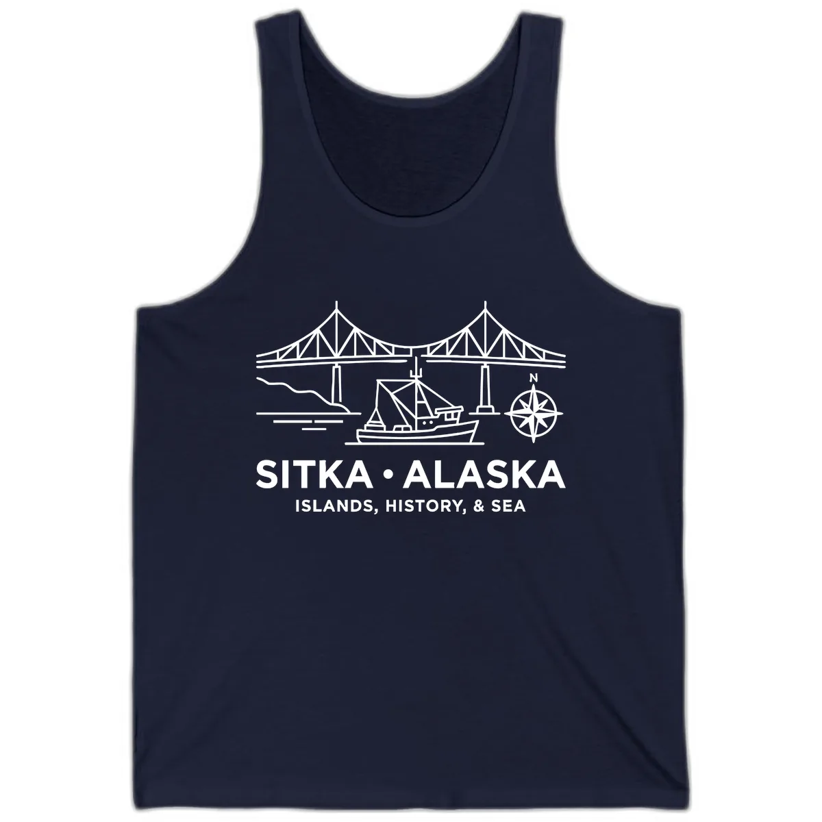 Sitka Alaska Bridge Boat Compass Rose Illustration Tank in Navy