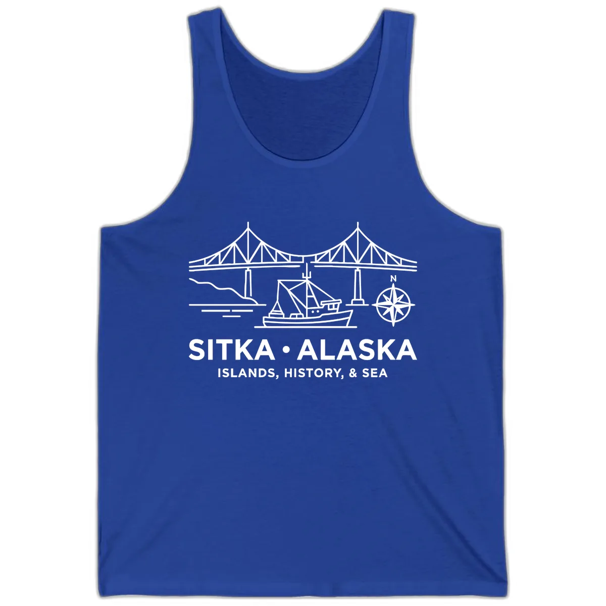 Sitka Alaska Bridge Boat Compass Rose Illustration Tank in True Royal