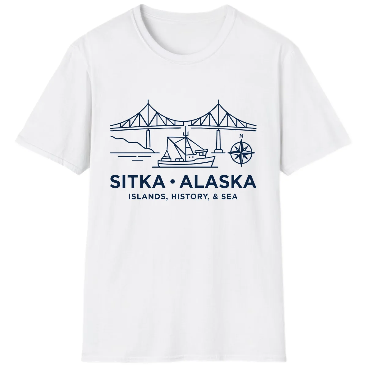 Sitka Alaska Bridge Boat Compass Rose Illustration T-Shirt in White