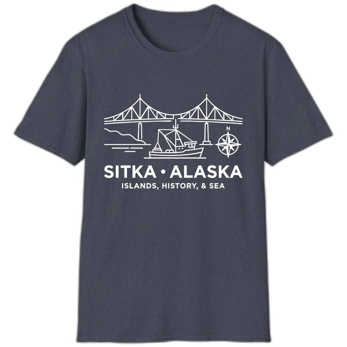 Sitka Alaska Bridge Boat Compass Rose Illustration T-Shirt in Heather Navy