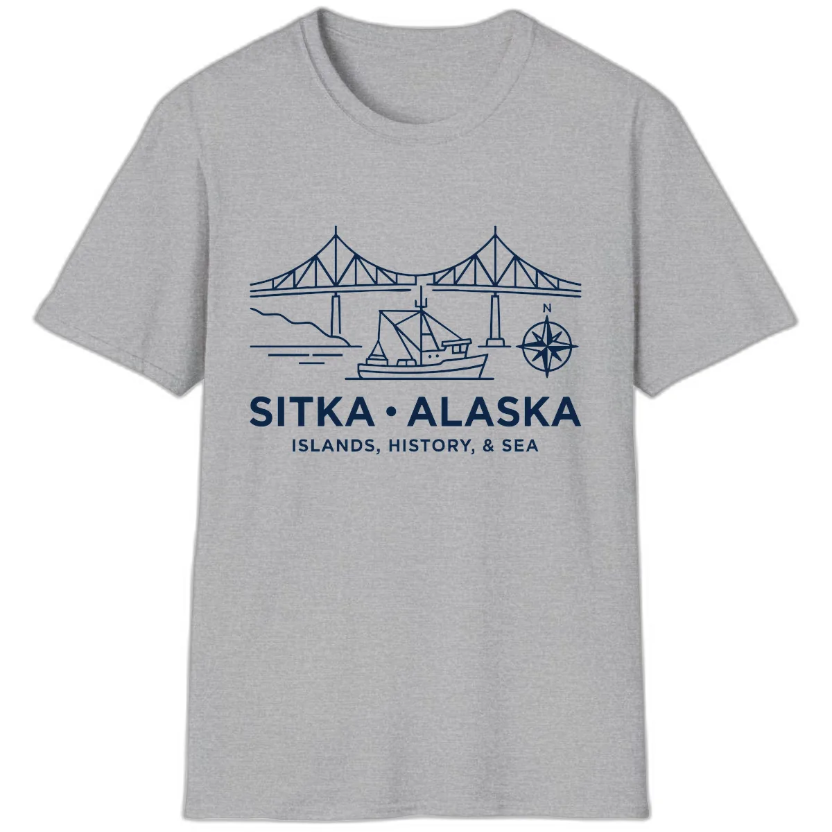 Sitka Alaska Bridge Boat Compass Rose Illustration T-Shirt in Sport Grey