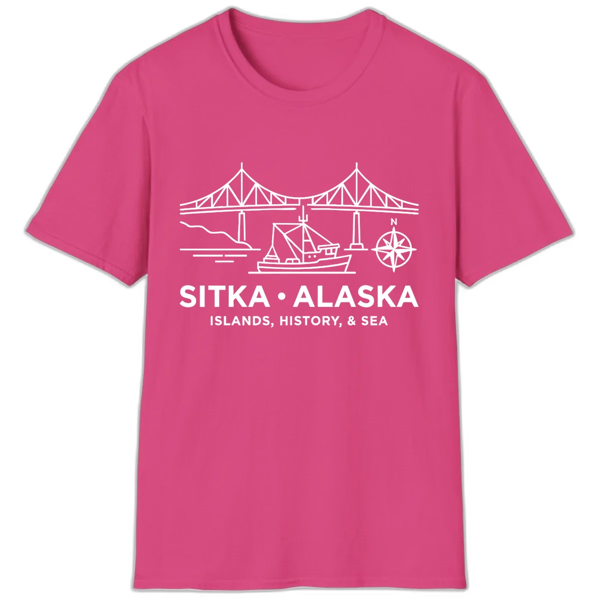 Sitka Alaska Bridge Boat Compass Rose Illustration T-Shirt in Heliconia