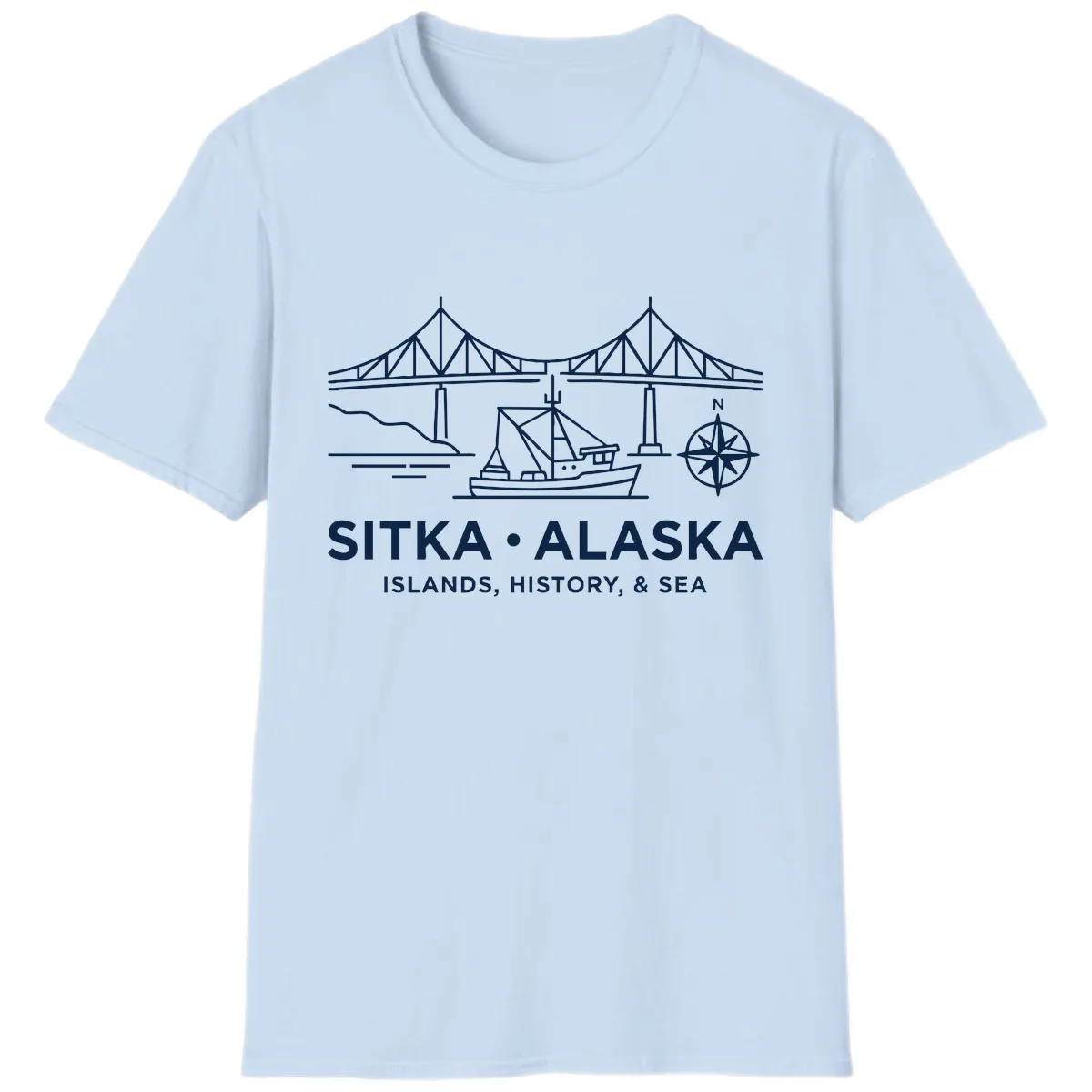 Sitka Alaska Bridge Boat Compass Rose Illustration T-Shirt in Light Blue