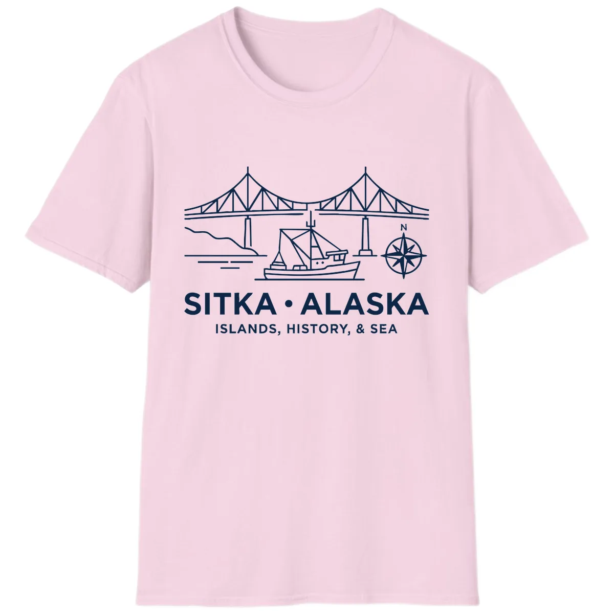 Sitka Alaska Bridge Boat Compass Rose Illustration T-Shirt in Light Pink