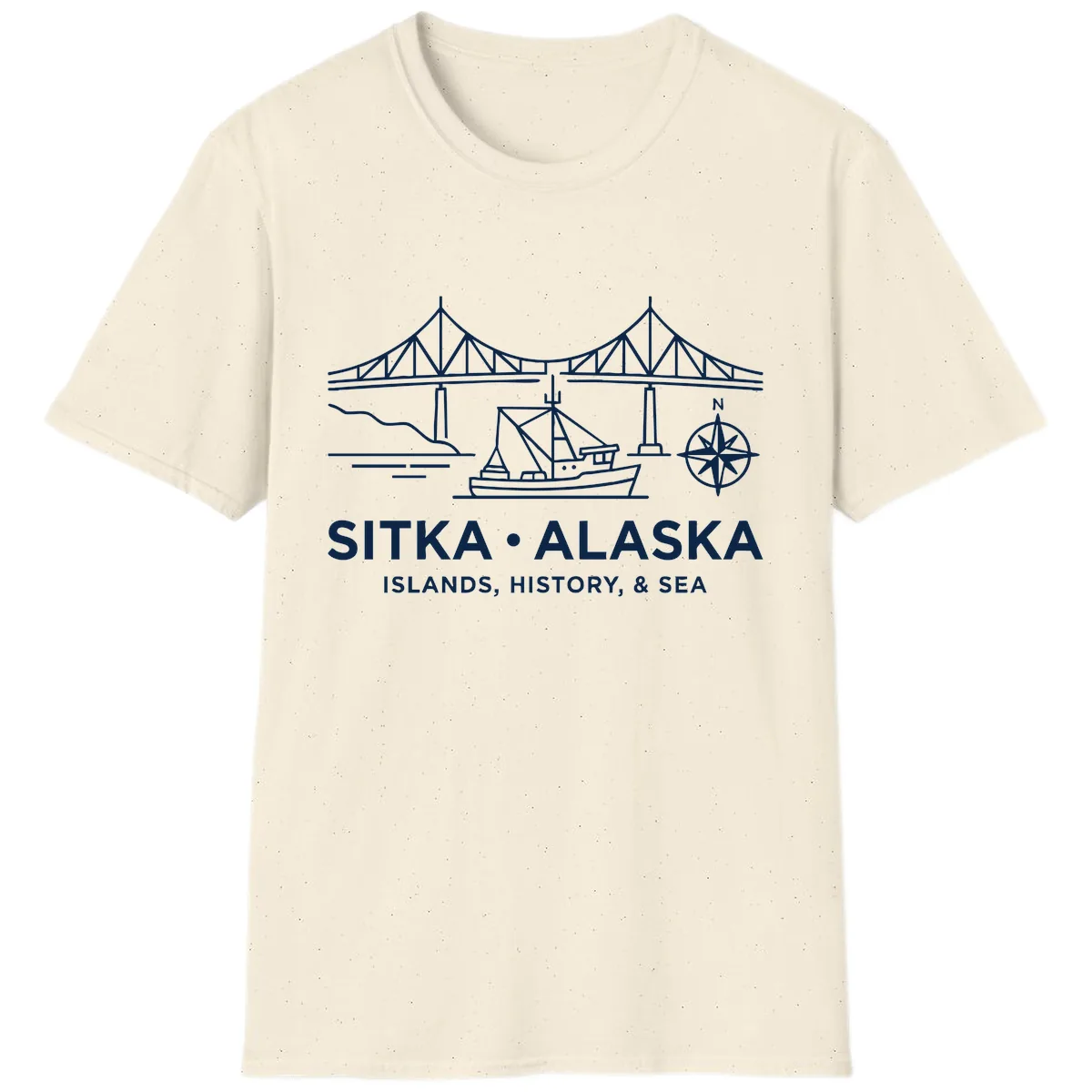 Sitka Alaska Bridge Boat Compass Rose Illustration T-Shirt in Natural