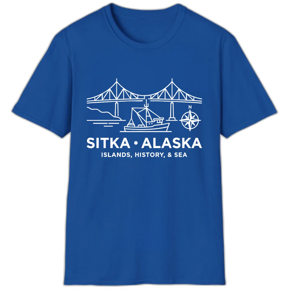 Sitka Alaska Bridge Boat Compass Rose Illustration T-Shirt in Royal