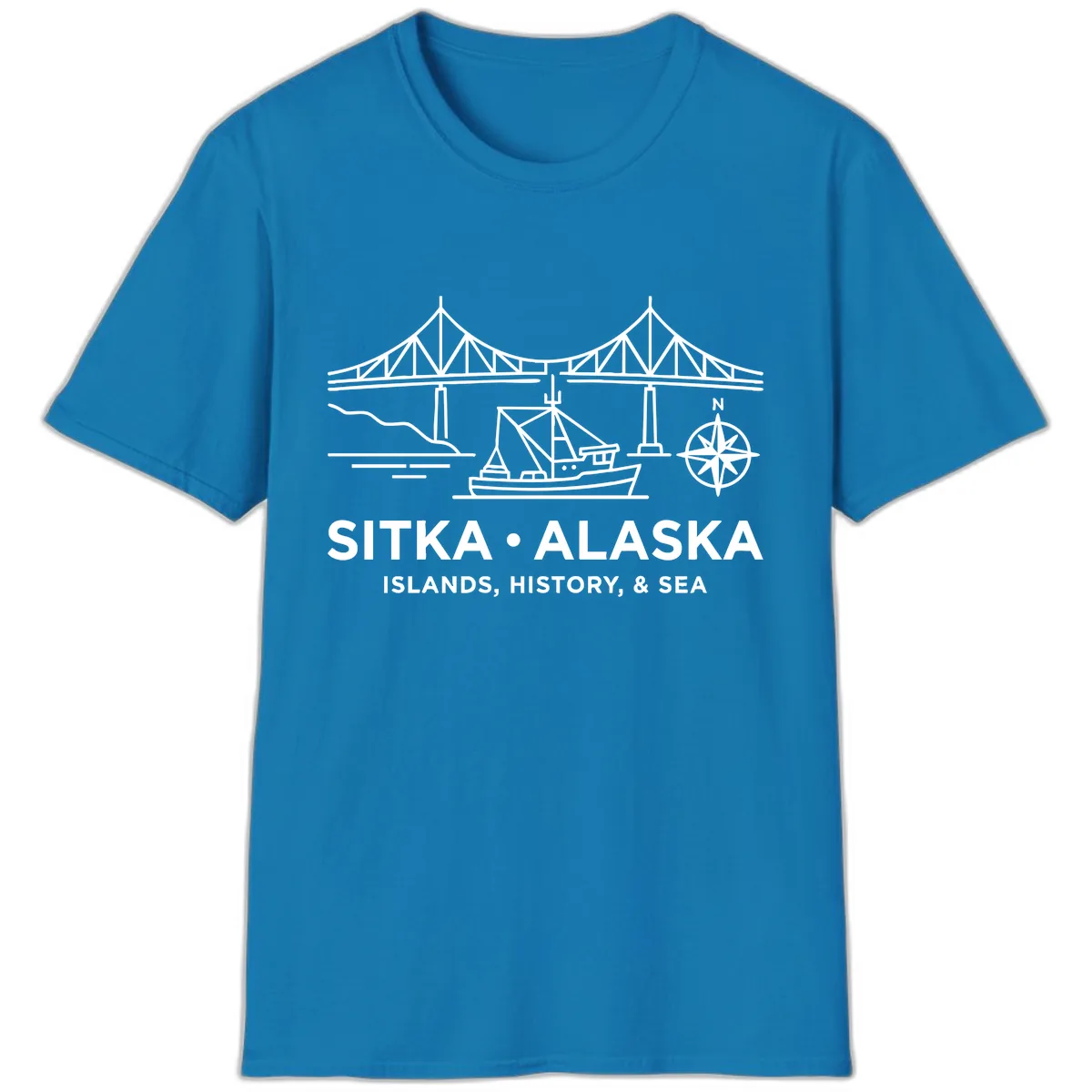 Sitka Alaska Bridge Boat Compass Rose Illustration T-Shirt in Sapphire