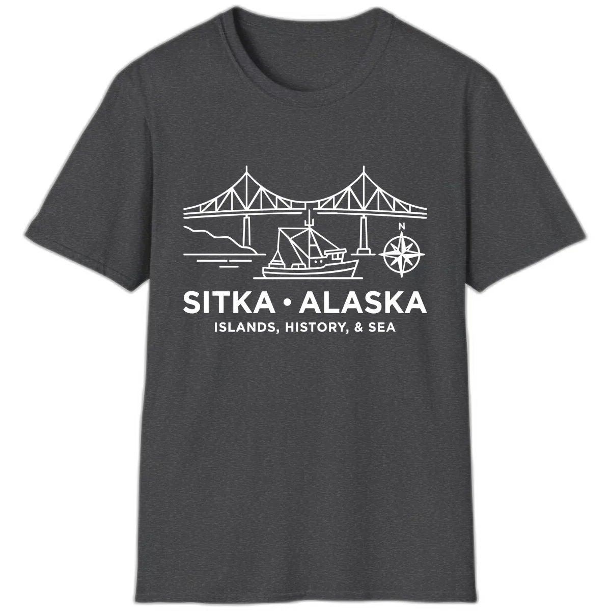 Sitka Alaska Bridge Boat Compass Rose Illustration T-Shirt in Dark Heather