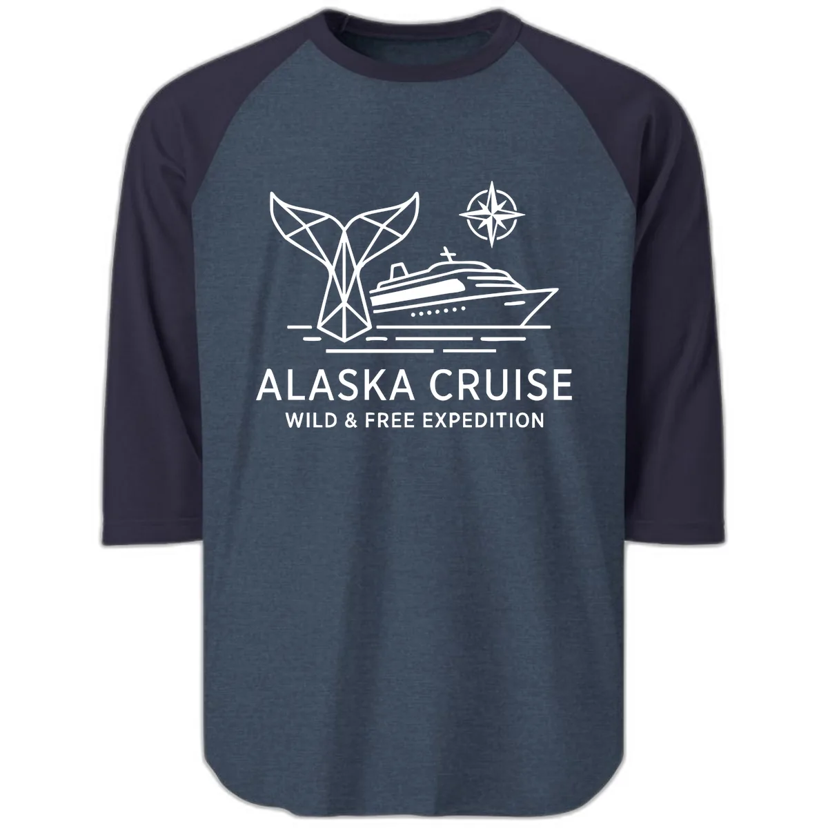 Alaska Wild & Free Expedition Cruise with Ship & Whale Raglan 3/4 in Heather Denim Navy
