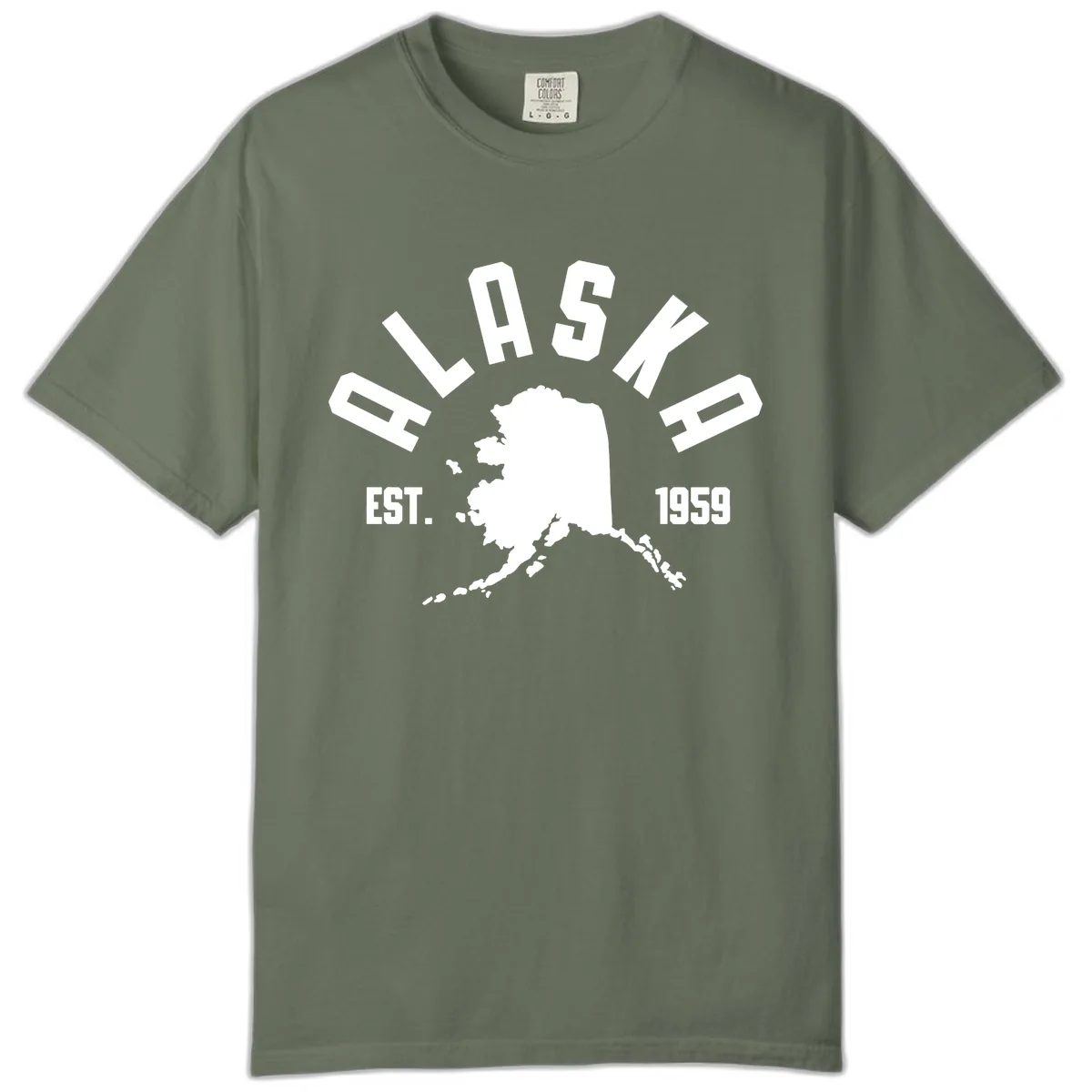Alaska Established Nineteen Fifty-Nine Map Design Comfort Color in Moss