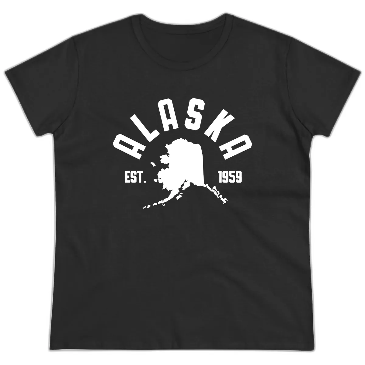 Alaska Established Nineteen Fifty-Nine Map Design Ladies Tee in Black