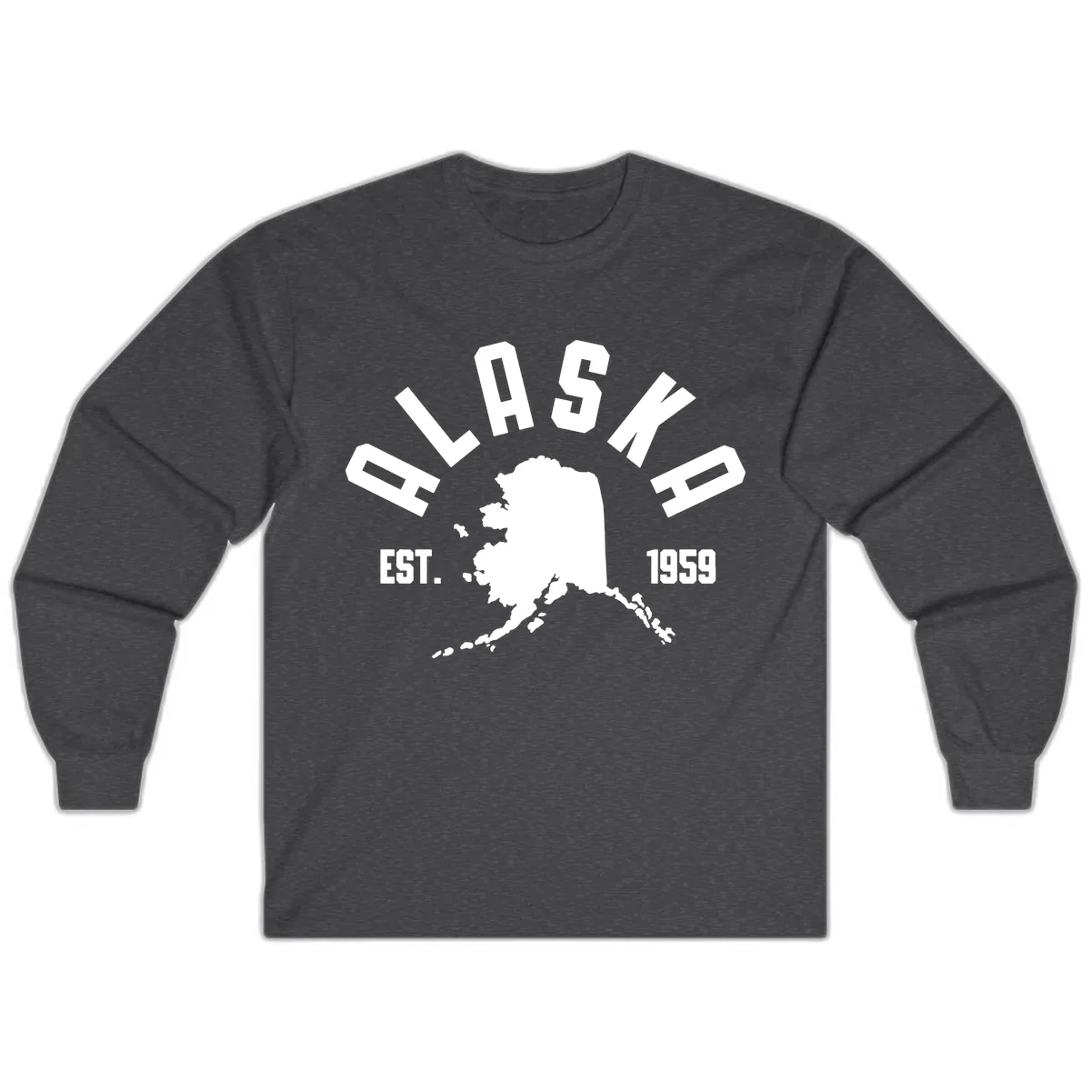 Alaska Established Nineteen Fifty-Nine Map Design Long Sleeve in Dark Heather