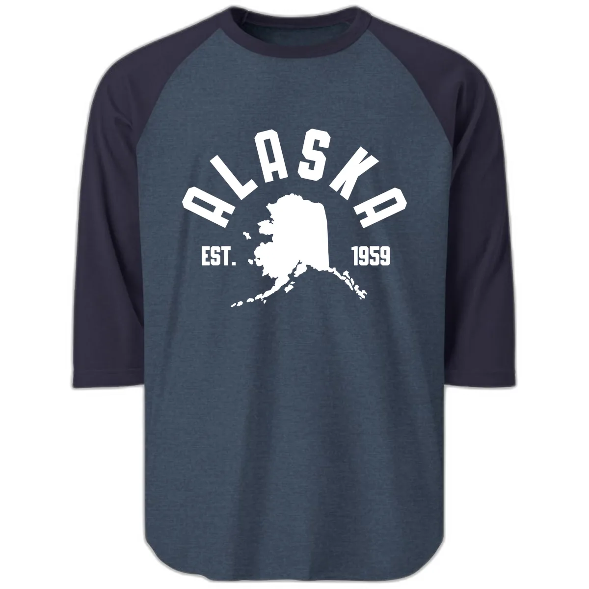 Alaska Established Nineteen Fifty-Nine Map Design Raglan 3/4 in Heather Denim Navy