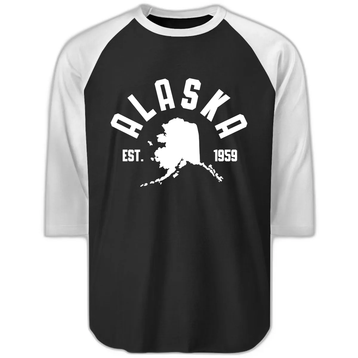 Alaska Established Nineteen Fifty-Nine Map Design Raglan 3/4 in Black White