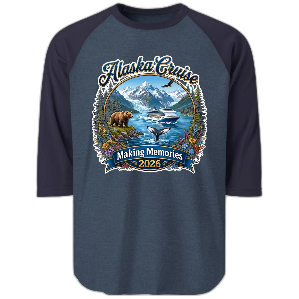 Alaska Cruise Making Memories 2026 Raglan 3/4 in Heather Denim Navy
