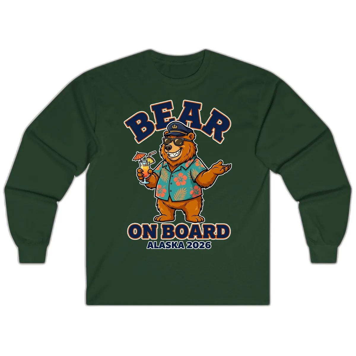 Bear On Board Alaska 2026 Cruise Vacation Design Long Sleeve in Forest Green