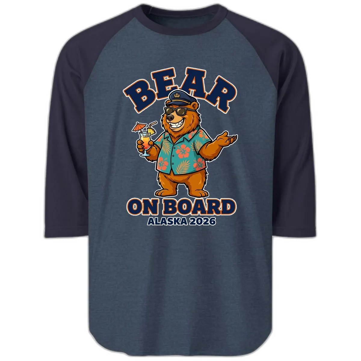 Bear On Board Alaska 2026 Cruise Vacation Design Raglan 3/4 in Heather Denim Navy