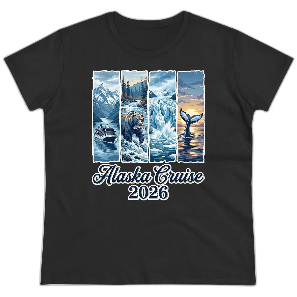 Alaska Cruise 2026 Scenic Adventure Collage Ladies Tee in Black