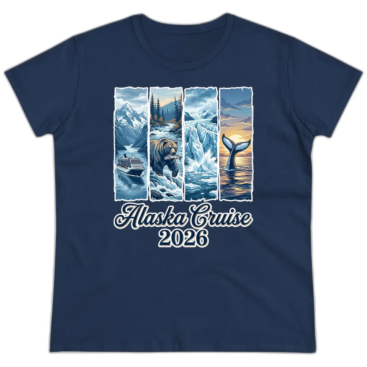 Alaska Cruise 2026 Scenic Adventure Collage Ladies Tee in Navy
