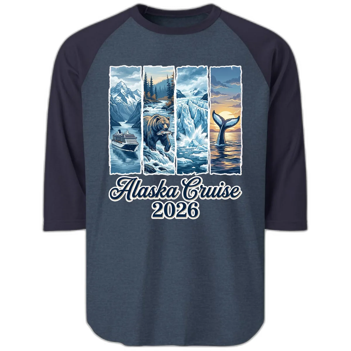 Alaska Cruise 2026 Scenic Adventure Collage Raglan 3/4 in Heather Denim Navy