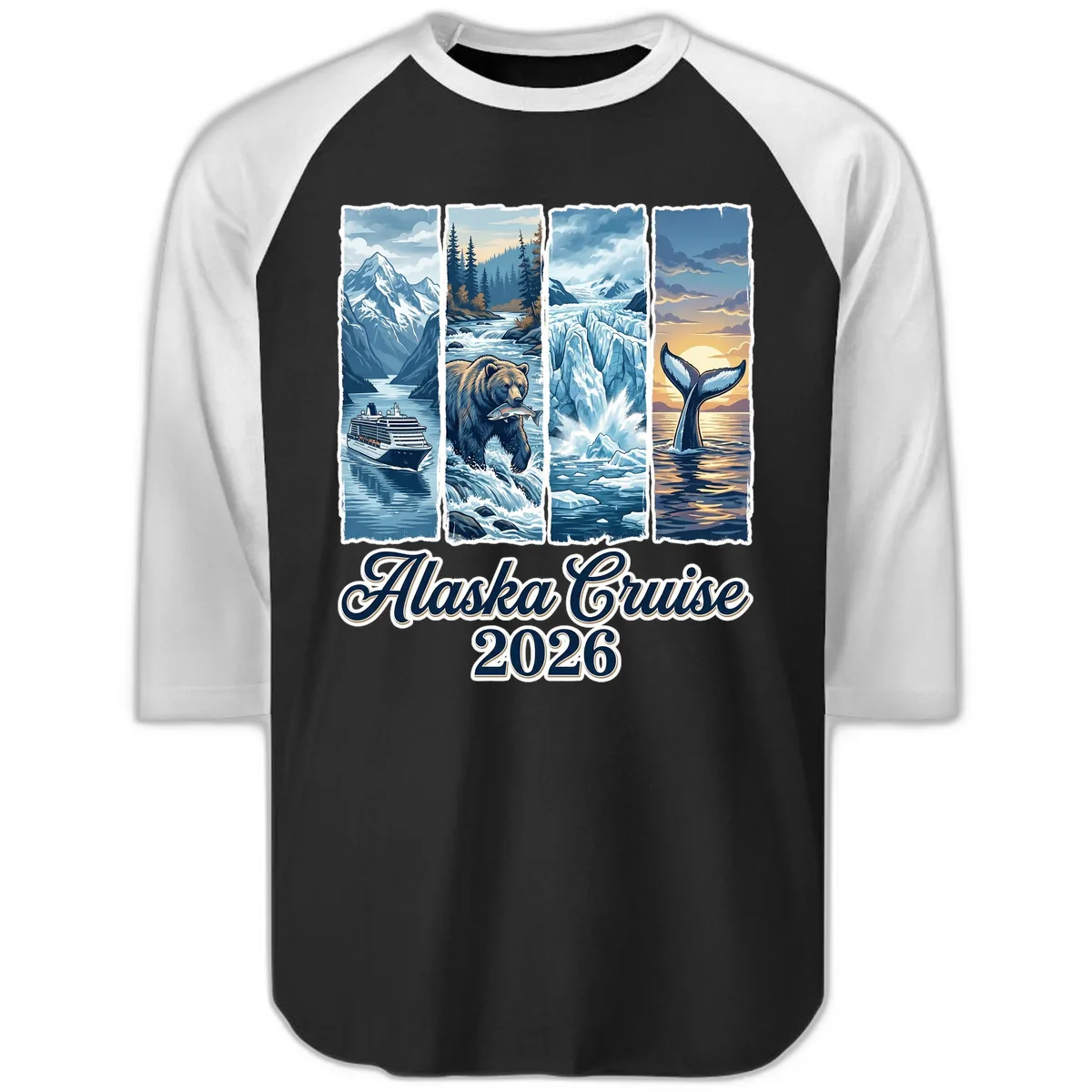 Alaska Cruise 2026 Scenic Adventure Collage Raglan 3/4 in Black White
