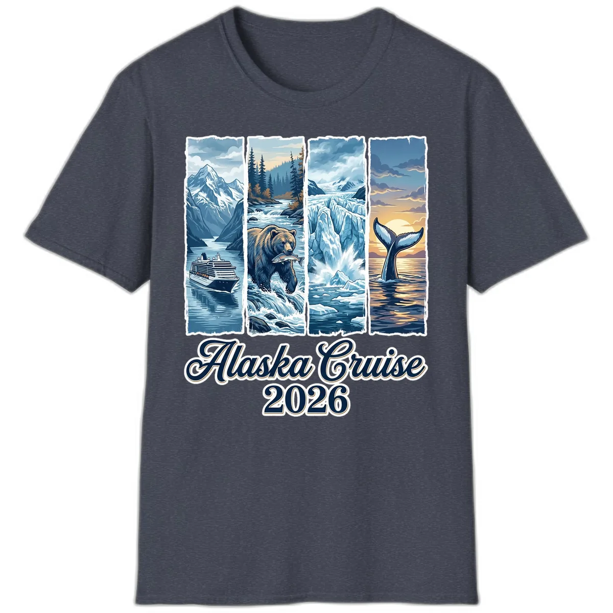 Alaska Cruise 2026 Scenic Adventure Collage T-Shirt in Heather Navy