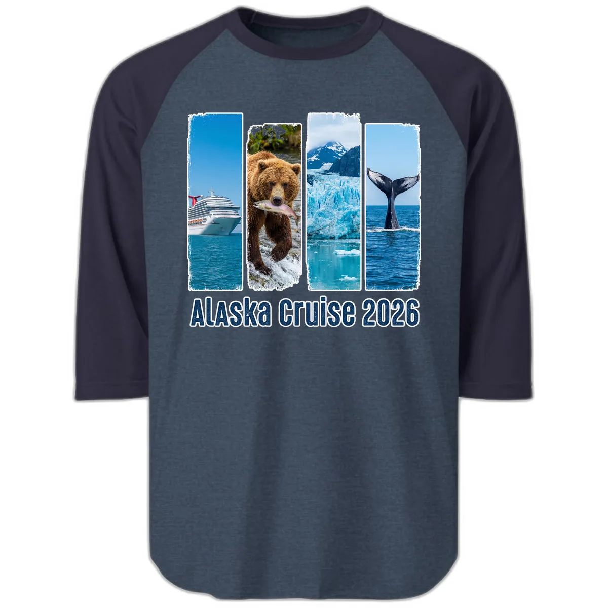 Alaska Cruise 2026 Adventure Panels Raglan 3/4 in Heather Denim Navy