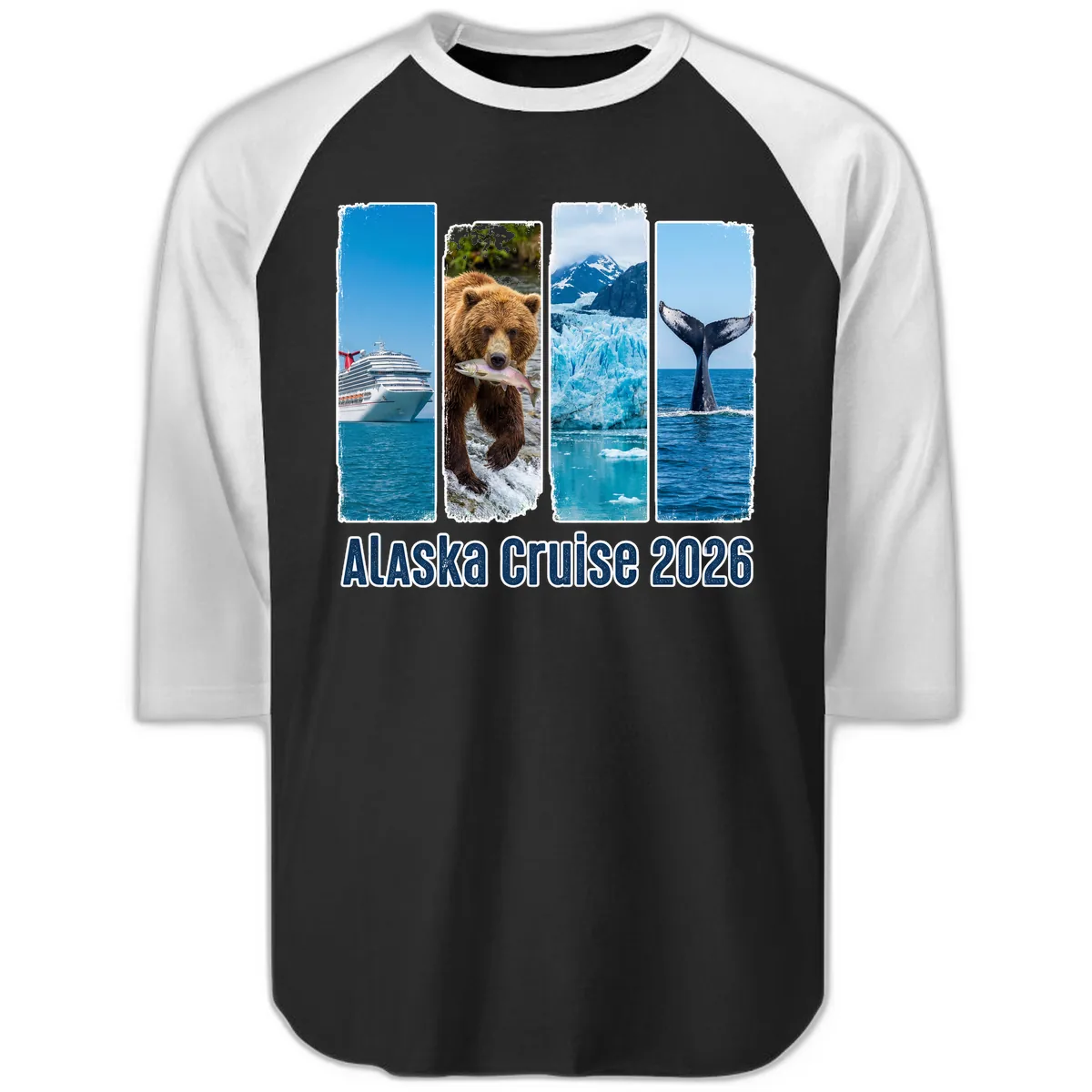 Alaska Cruise 2026 Adventure Panels Raglan 3/4 in Black White