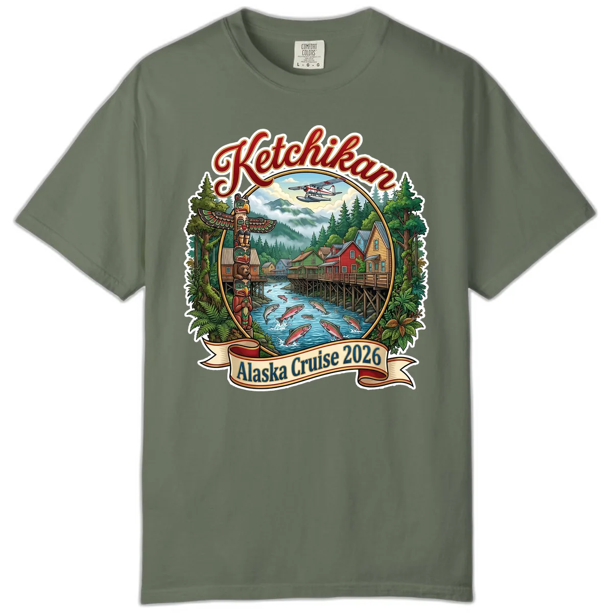 Ketchikan Alaska Cruise 2026 Scenic Illustration Comfort Color in Moss