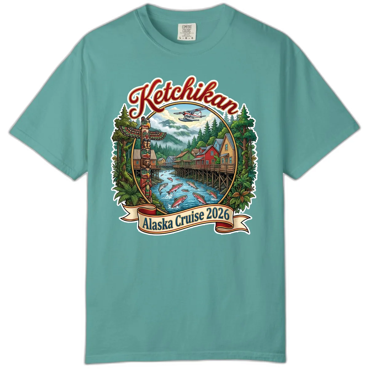 Ketchikan Alaska Cruise 2026 Scenic Illustration Comfort Color in Seafoam