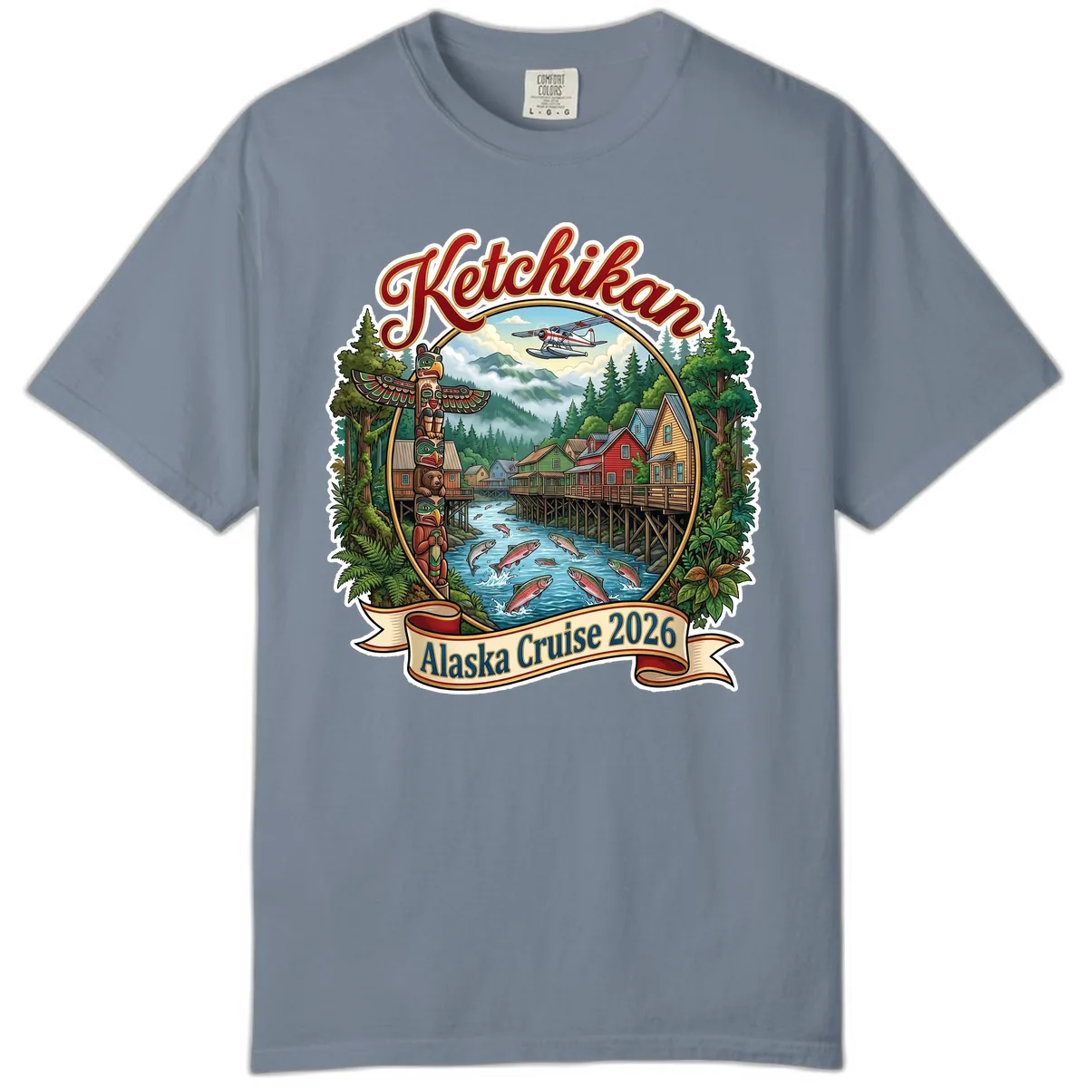 Ketchikan Alaska Cruise 2026 Scenic Illustration Comfort Color in Blue Jean