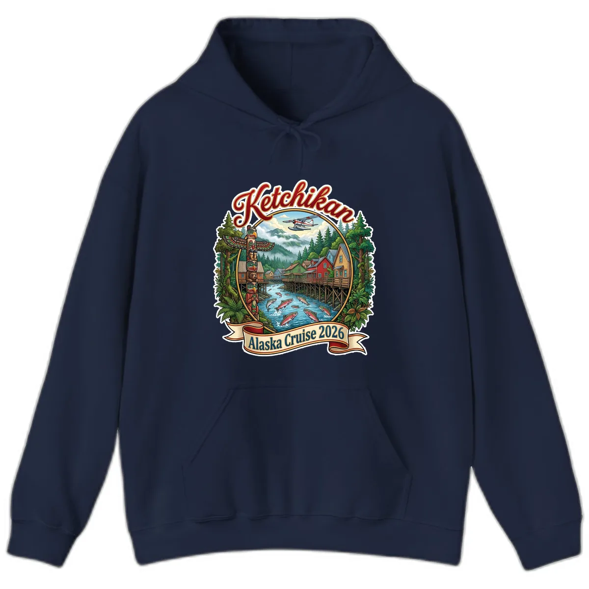 Ketchikan Alaska Cruise 2026 Scenic Illustration Hoodie in Navy