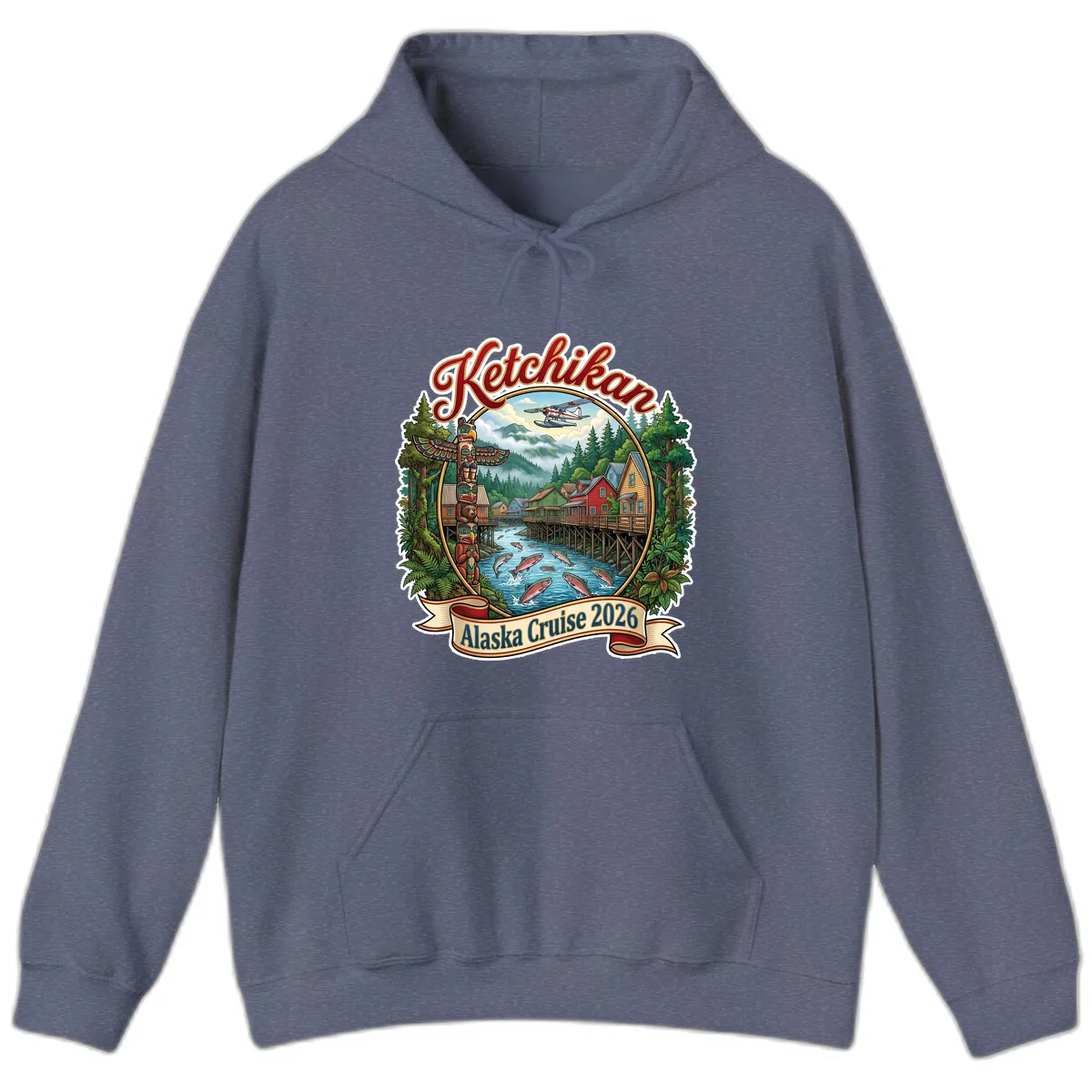 Ketchikan Alaska Cruise 2026 Scenic Illustration Hoodie in Heather Navy