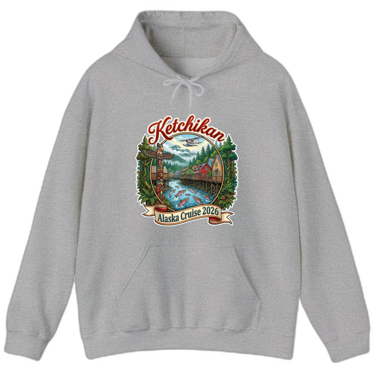 Ketchikan Alaska Cruise 2026 Scenic Illustration Hoodie in Sport Grey