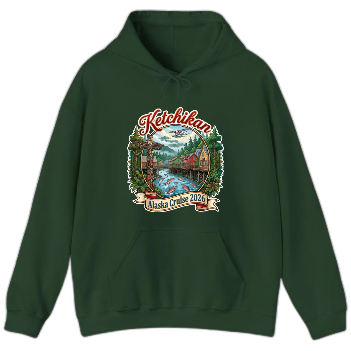 Ketchikan Alaska Cruise 2026 Scenic Illustration Hoodie in Forest Green